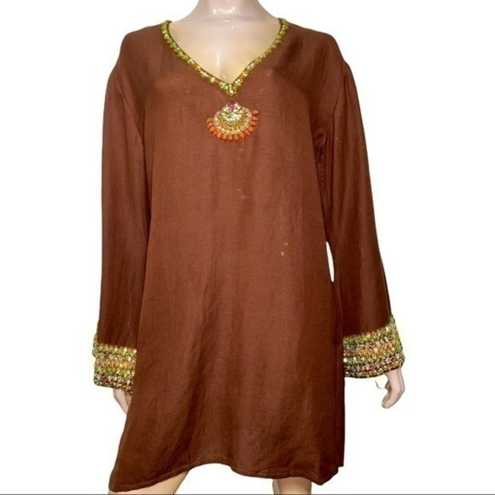 Inca Size L Brown w/ Rhinestone Embellishment Details Long Sleeve Swim Cover Up